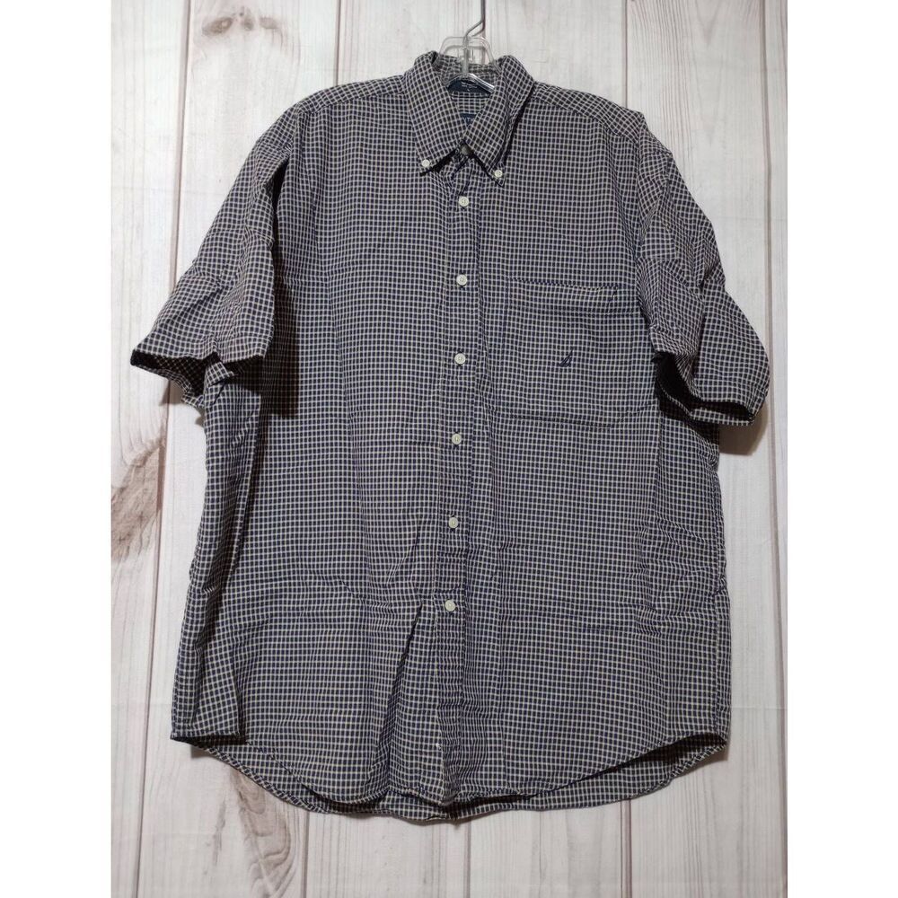 Nautica Mens Large Short Sleeve Button Down Shirt Navy Blue Gingham Check Cotton